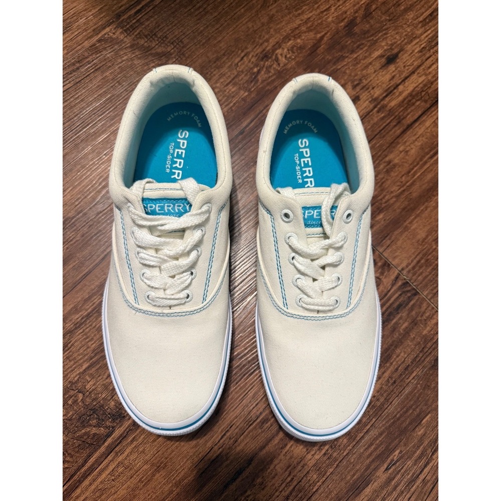 Sperry Top Sider‎ Mens Canvas Low Top Memory Foam Sneakers White Blue Size 9